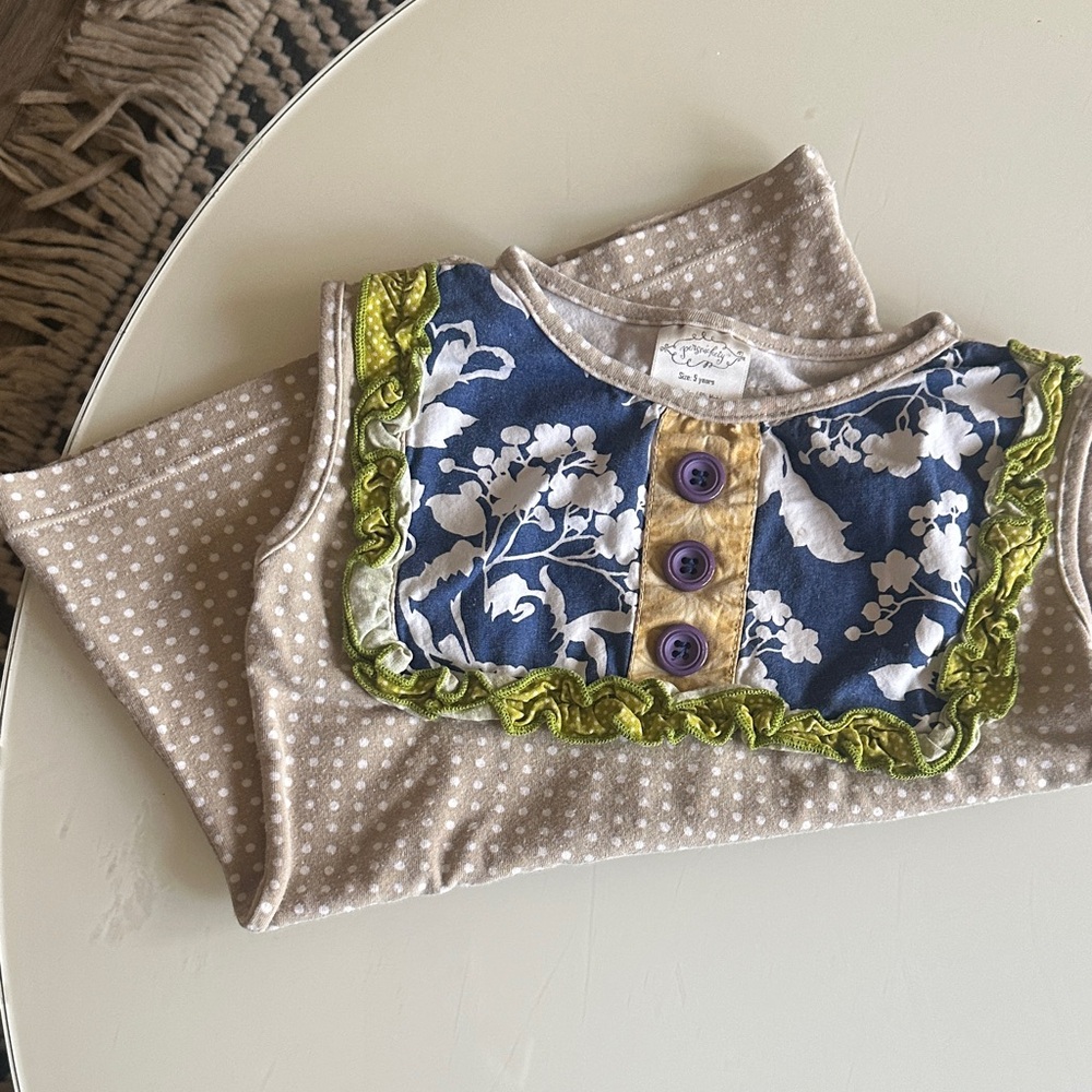 Persnickety Floral Polka Dot Little Girl Blue Floral and Oatmeal Tank Top 5